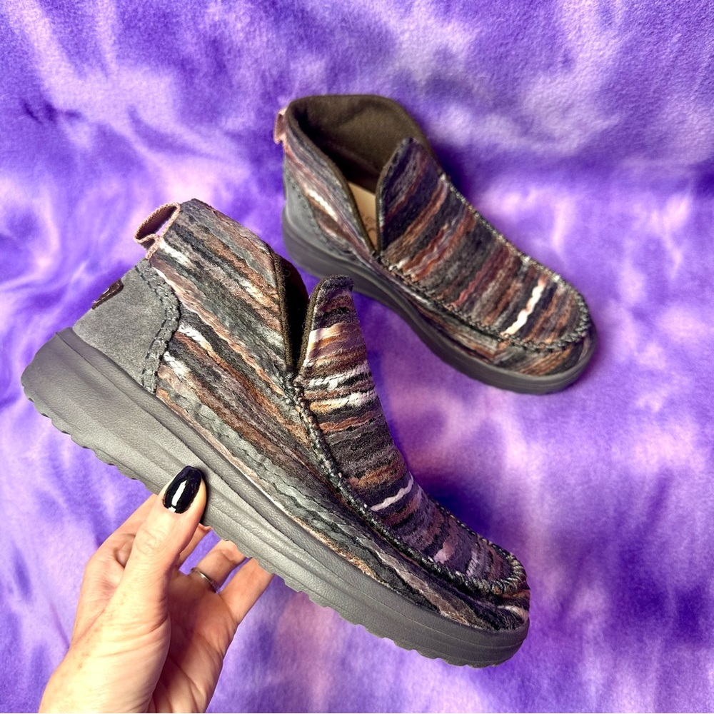 Brown wool & suede Hey Dudes booties